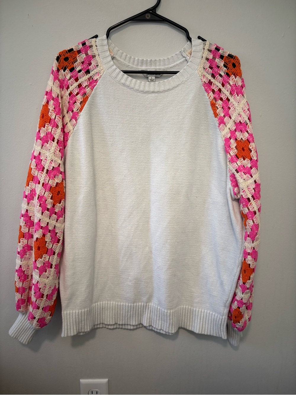 DAVI & DANI Cream Crewneck Sweater with Pink & Orange Crochet Sleeves